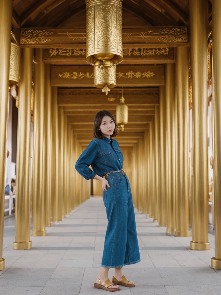 her name is Asako, high quality, 1girl, ((20-year-old fit Caucasian woman)), ((20 years old)), ((slim)), ((Wavy Bob)), pose: standing, wearing stylish fashionable Generation-Z modern wear colored, BACKGROUND: Exploring the Gandantegchinlen Monastery, with its impressive golden Buddha statue, prayer wheels, and vibrant Buddhist art.