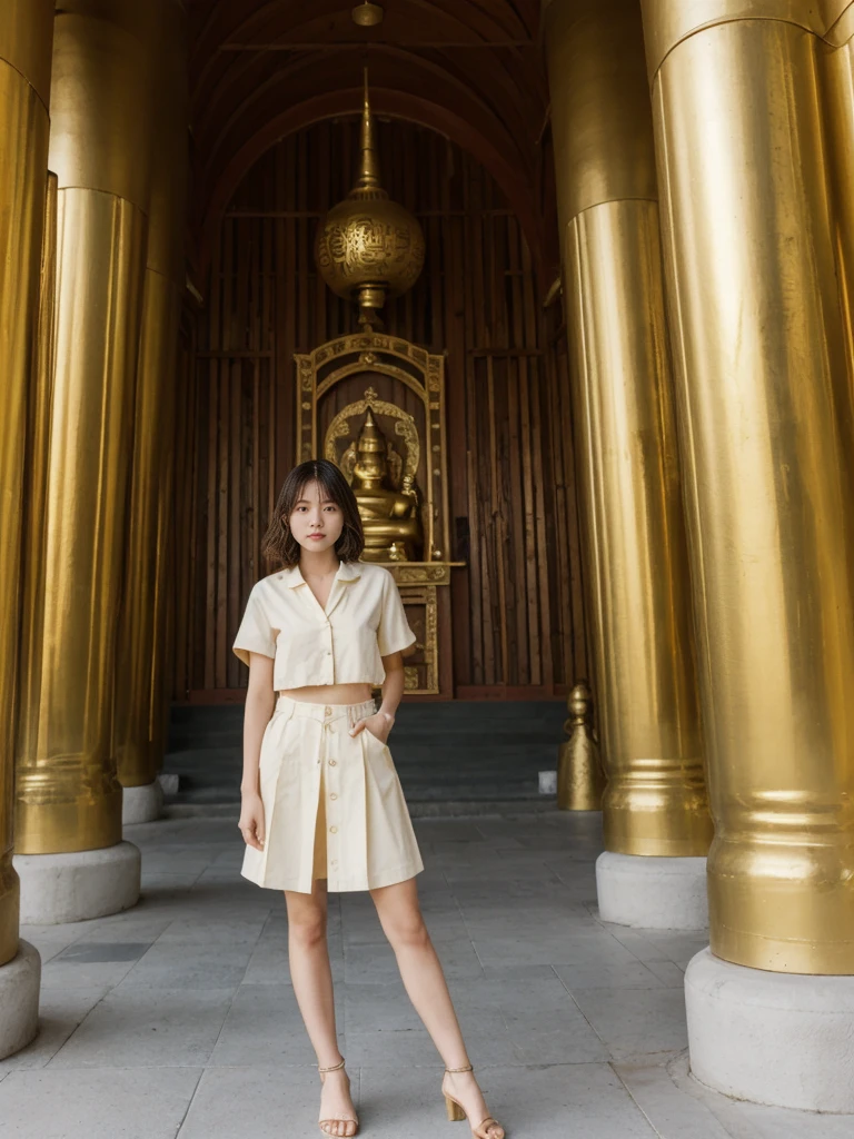 her name is Asako, high quality, 1girl, ((20-year-old fit Caucasian woman)), ((20 years old)), ((slim)), ((Wavy Bob)), pose: standing, wearing stylish fashionable Generation-Z modern wear colored, BACKGROUND: Exploring the Gandantegchinlen Monastery, with its impressive golden Buddha statue, prayer wheels, and vibrant Buddhist art.