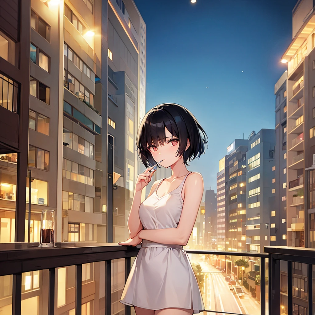 Girl with medium short black hair. At night on a balcony while smoking