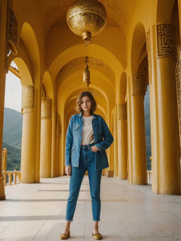 her name is Amelie, high quality, 1girl, ((20-year-old fit Caucasian woman)), ((20 years old)), ((slim)), ((Wavy Bob)), pose: standing, wearing stylish fashionable Generation-Z modern wear colored, BACKGROUND: Exploring the Gandantegchinlen Monastery, with its impressive golden Buddha statue, prayer wheels, and vibrant Buddhist art.