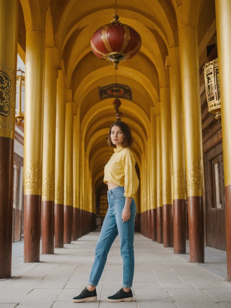 her name is Amelie, high quality, 1girl, ((20-year-old fit Caucasian woman)), ((20 years old)), ((slim)), ((Wavy Bob)), pose: standing, wearing stylish fashionable Generation-Z modern wear colored, BACKGROUND: Exploring the Gandantegchinlen Monastery, with its impressive golden Buddha statue, prayer wheels, and vibrant Buddhist art.