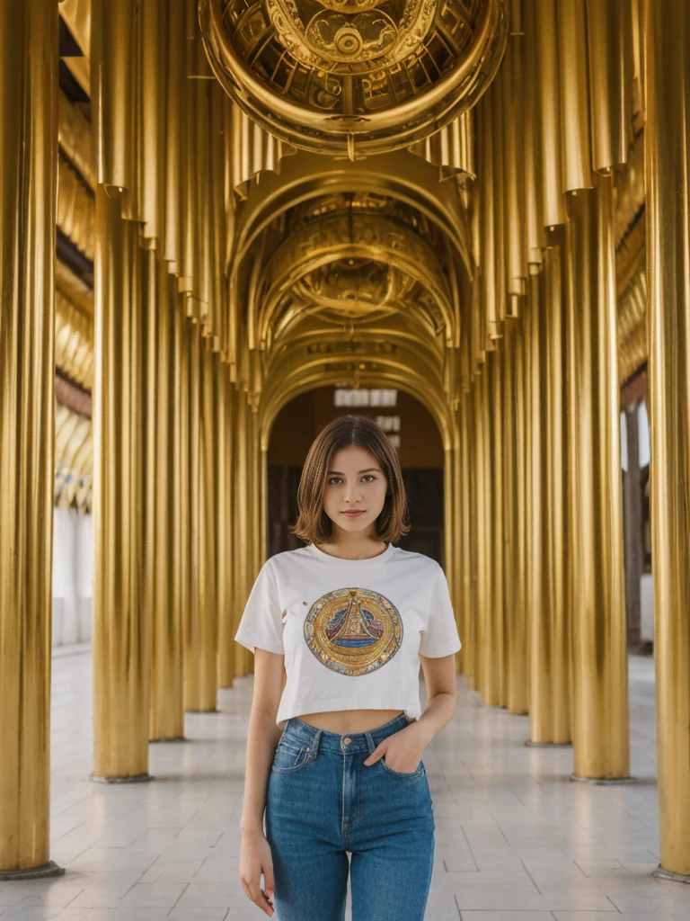 her name is Amelie, high quality, 1girl, ((20-year-old fit Caucasian woman)), ((20 years old)), ((slim)), ((Wavy Bob)), pose: standing, wearing stylish fashionable Generation-Z modern wear colored, BACKGROUND: Exploring the Gandantegchinlen Monastery, with its impressive golden Buddha statue, prayer wheels, and vibrant Buddhist art.