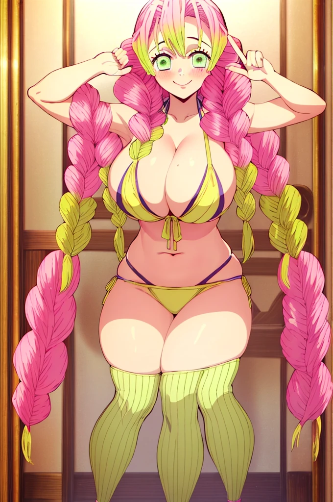 (masterpiece, best quality), intricate details,
MitsuriKanroji, kanroji mitsuri, 1girl, solo, long hair, winking, green eyes, pink hair, green hair, twin braids, smile, cute smile, blushed smile, blush, blushing, large breast, huge breasts, bikini top, collarbone, neck, bare shoulders, yellow bikini top, cleavage, full body, cowboy shot, plain background, white background, photoshoot, perfect shot, perfect framing, full body shot, hands behind head, peace sign