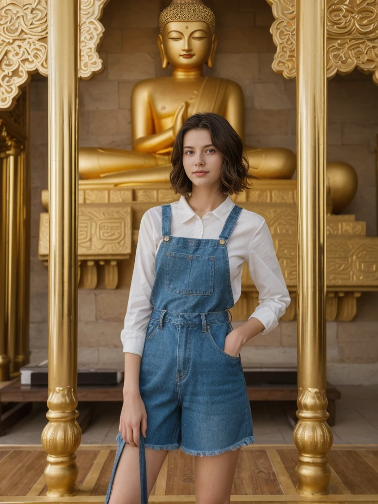 her name is Amelie, high quality, 1girl, ((20-year-old fit Caucasian woman)), ((20 years old)), ((slim)), ((Wavy Bob)), pose: standing, wearing stylish fashionable Generation-Z modern wear colored, BACKGROUND: Exploring the Gandantegchinlen Monastery, with its impressive golden Buddha statue, prayer wheels, and vibrant Buddhist art.