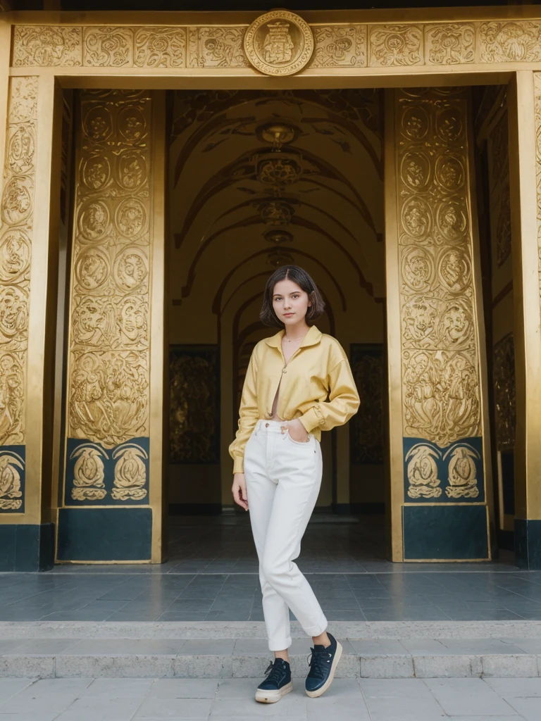 her name is Amelie, high quality, 1girl, ((20-year-old fit Caucasian woman)), ((20 years old)), ((slim)), ((Wavy Bob)), pose: standing, wearing stylish fashionable Generation-Z modern wear colored, BACKGROUND: Exploring the Gandantegchinlen Monastery, with its impressive golden Buddha statue, prayer wheels, and vibrant Buddhist art.