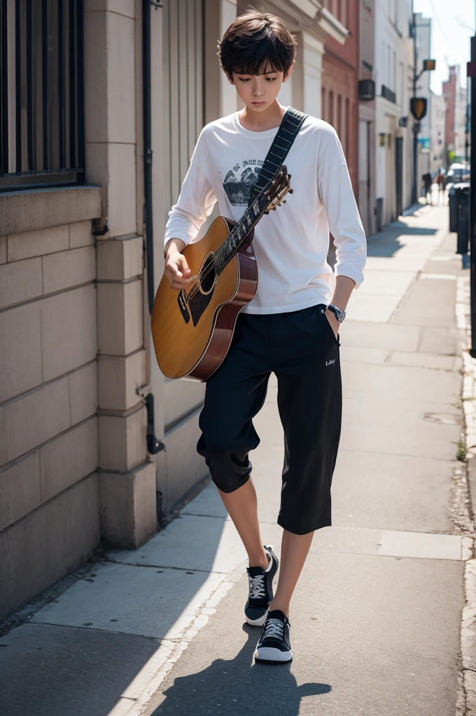 Creates a boy with a guitar walking backwards