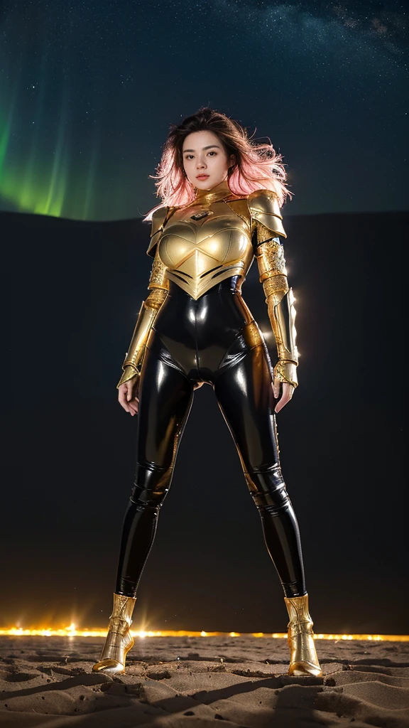 ((best quality)), ((masterpiece)), (ultra detailed lights), ((full body:1.3)), ((skinny body)), 1girl, extremely beautiful, ((slim body)), thighs gap, ultra face details, 20 years old, ((pink curvy-hair)), ((hair blown by strong winds :1.3)), Award-winning photograph, ((symmetrical pose)), ((full body golden black armor)), posing in the middle, intricate details, ((thight golden armour)), ((extremely details armor)), ((tight latex pants)), ((24k-gold armor)), ((edge luminous armor)), cameltoe, luminescent, epic lights reflections, at beach, full of stars, orange clouds, nebula sky, epic aurora borealis in the background, shooting stars, ((from below))