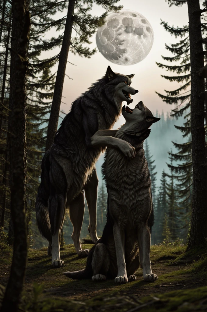 Two lover werewolves howling at the moon in a forest