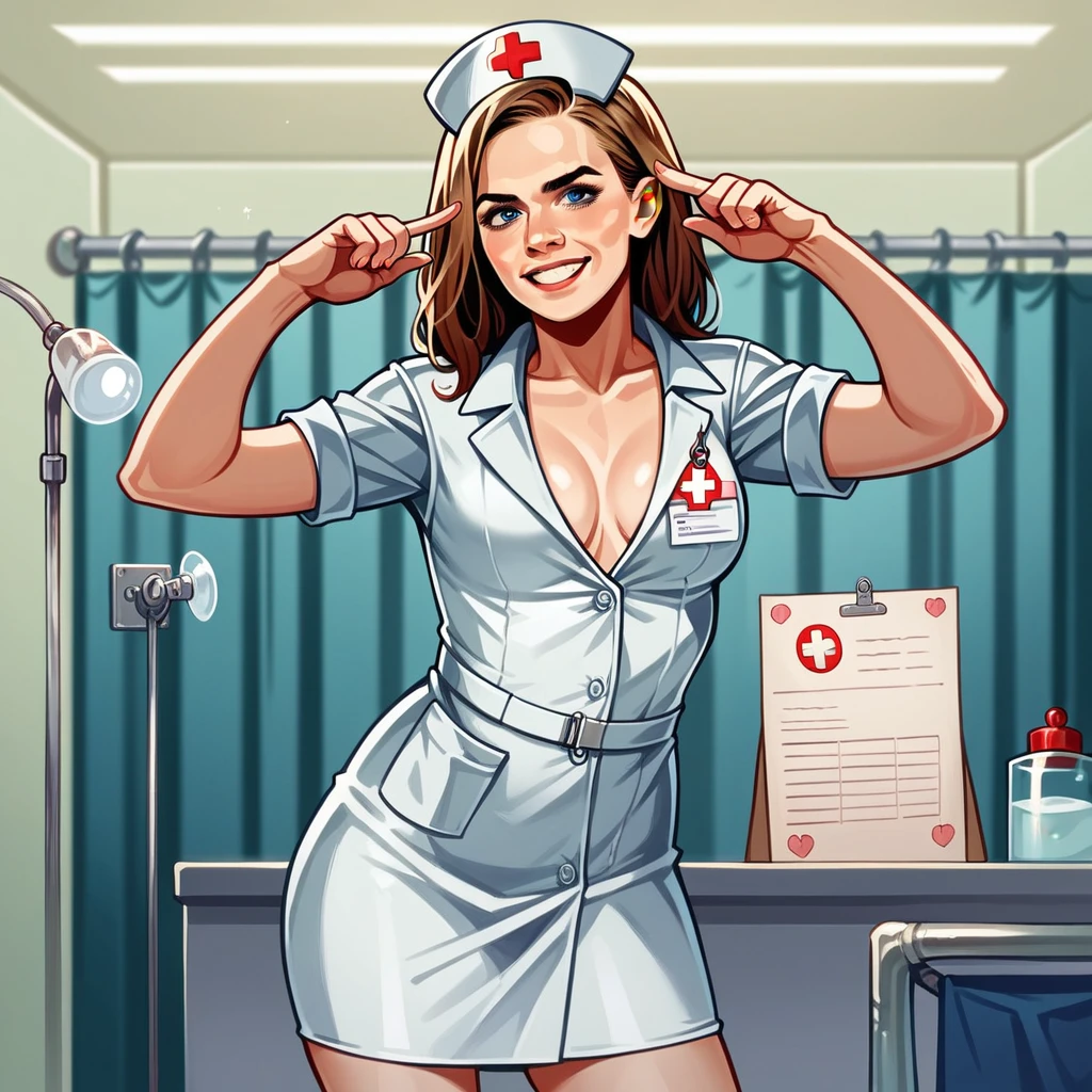 Develop a high-resolution digital image, which represents a nurse with a professional and well-mannered attitude, In a pose, emma Watson, that conveys self-confidence and is geared towards interaction with the audience. The nurse must work in a hospital or clinic, and the representation must be realistic, Capturing facial and gestural expressions, that suggest thoughtful and informative communication with the audience. Be sure to, Specify details such as uniform, Equipment and setting, Providing a compelling and visually impactful presentation. raw photo,  cinematic material 