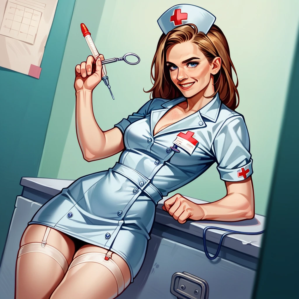 Develop a high-resolution digital image, which represents a nurse with a professional and well-mannered attitude, In a pose, emma Watson, that conveys self-confidence and is geared towards interaction with the audience. The nurse must work in a hospital or clinic, and the representation must be realistic, Capturing facial and gestural expressions, that suggest thoughtful and informative communication with the audience. Be sure to, Specify details such as uniform, Equipment and setting, Providing a compelling and visually impactful presentation. raw photo,  cinematic material 