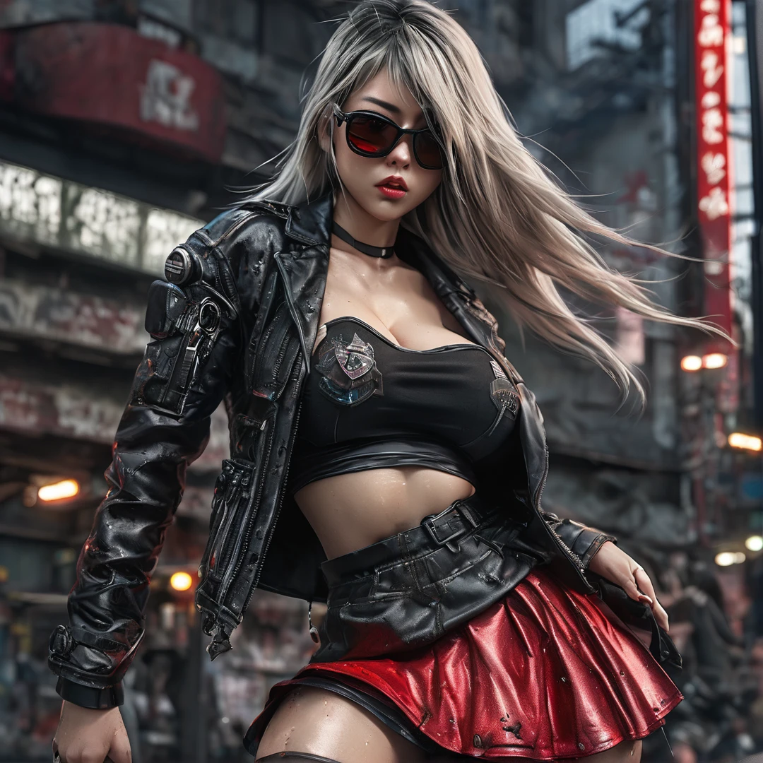 Heavy metal School Girl, post-apocalyptic city, insanely detailed real shiny skin, masterpiece body quality, red black skirt, real color, erotic and sensual, d cup, big chest, sunglasses, 8k resolution🔥, Miki Asai Macro photography, close-up, hyper detailed, trending on artstation, sharp focus, studio photo, intricate details, highly detailed, cinematic by zack snider