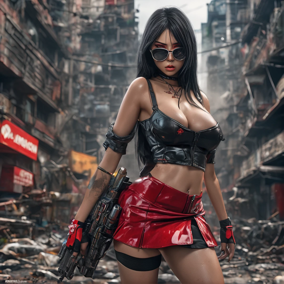 Heavy metal School Girl, post-apocalyptic city, insanely detailed real shiny skin, masterpiece body quality, red black skirt, real color, erotic and sensual, d cup, big chest, sunglasses, 8k resolution🔥, Miki Asai Macro photography, close-up, hyper detailed, trending on artstation, sharp focus, studio photo, intricate details, highly detailed, cinematic by zack snider
