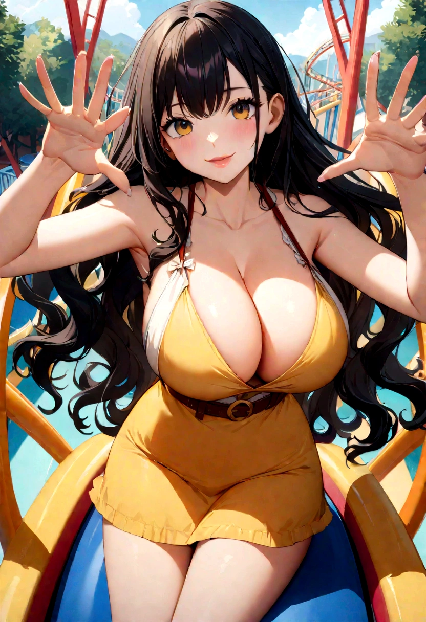 Ride a roller coaster at an amusement park, Highest quality, shape, Very detailed, In detail, High resolution, 8k wallpaper, Perfect dynamic composition, Beautiful details,  Natural Lip, Cute One Piece Dresses , Big Breasts, Cleavage, look at me, wave hands, smile, A masterpiece of the whole body, 