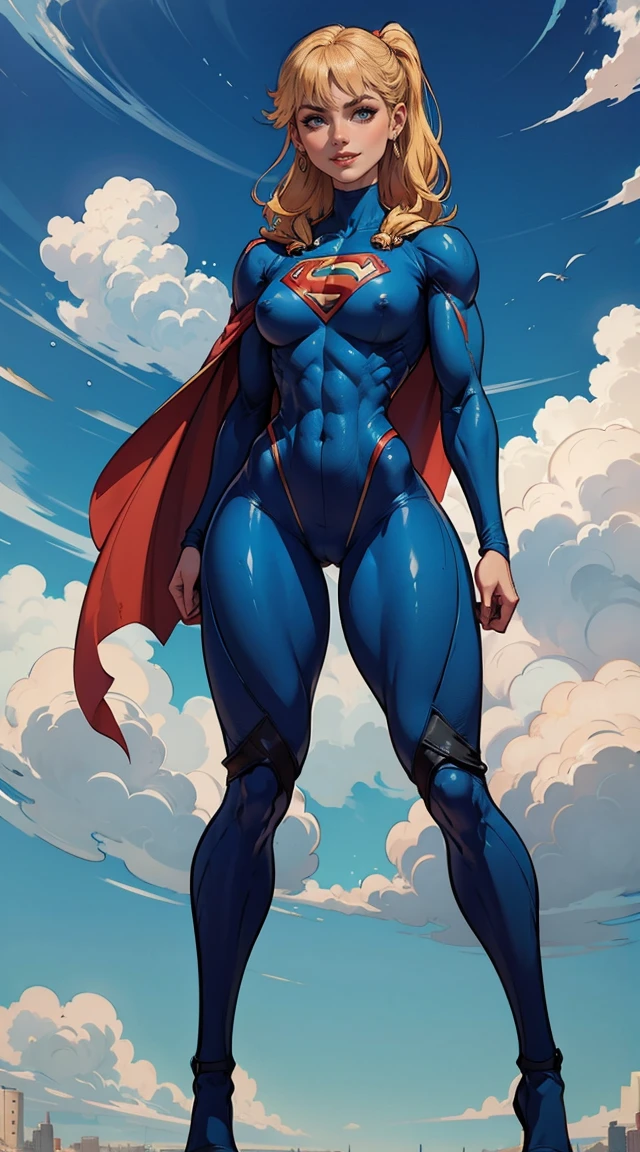 (Muscular:1.7), (thick thighs:1.7),
blonde female, (supergirl), (big smile:1.4), long hair, blunt bangs, ponytail,
earrings, lipstick, eyeshadow,
hard nipples,
(full body suit, blue bodysuit:1.6), (small cape:1.3),
looking at viewer, three quarter view, (upper body view:1.9),
(floating, in midair, sky and clouds background:1.2), rim lighting, two tone lighting, dim lighting, bokeh, detailed skin, detailed eyes