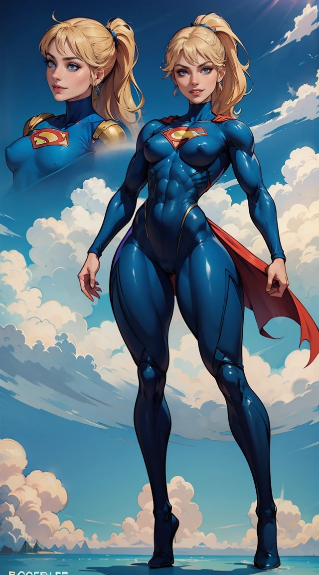 (Muscular:1.7), (thick thighs:1.7),
blonde female, (supergirl), (big smile:1.4), long hair, blunt bangs, ponytail,
earrings, lipstick, eyeshadow,
hard nipples,
(full body suit, blue bodysuit:1.6), (small cape:1.3),
looking at viewer, three quarter view, (upper body view:1.9),
(floating, in midair, sky and clouds background:1.2), rim lighting, two tone lighting, dim lighting, bokeh, detailed skin, detailed eyes