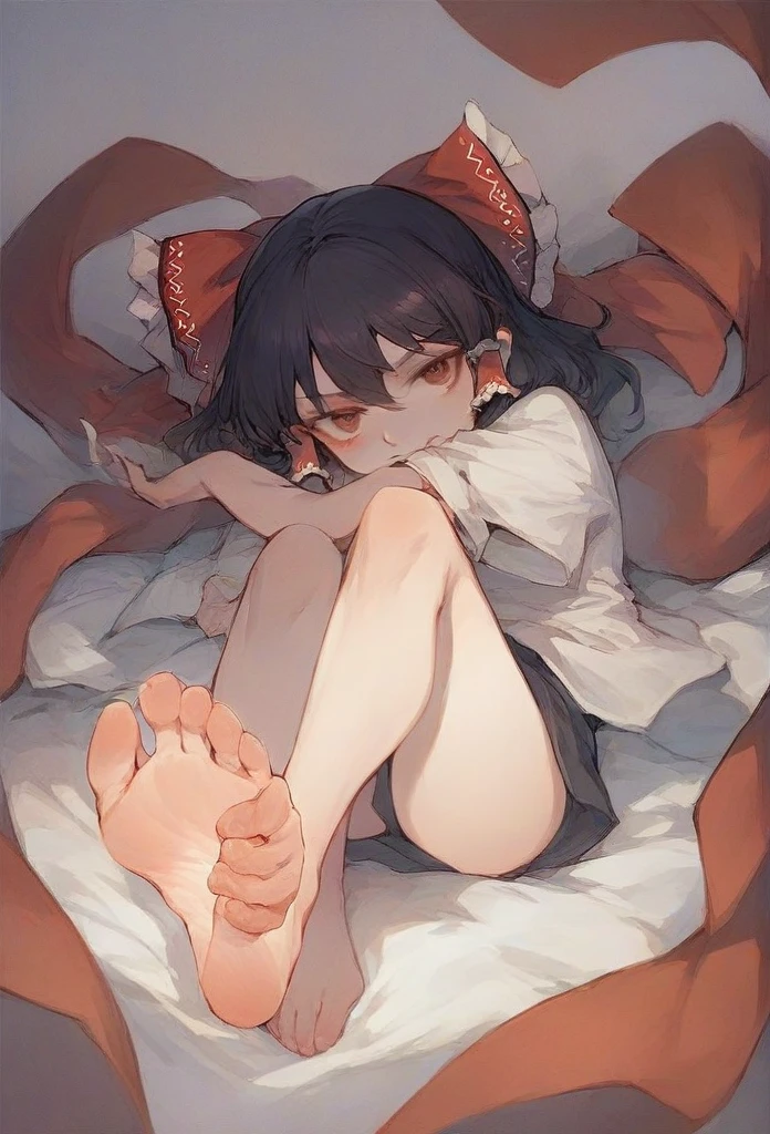 Reimu from touhou showing her feet, with feet up while smoking marijuana 