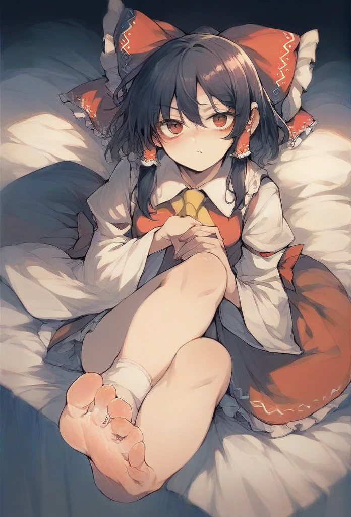 Reimu from touhou showing her feet, with feet up while smoking marijuana 