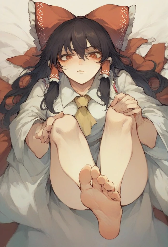 Reimu from touhou showing her feet, with feet up while smoking marijuana