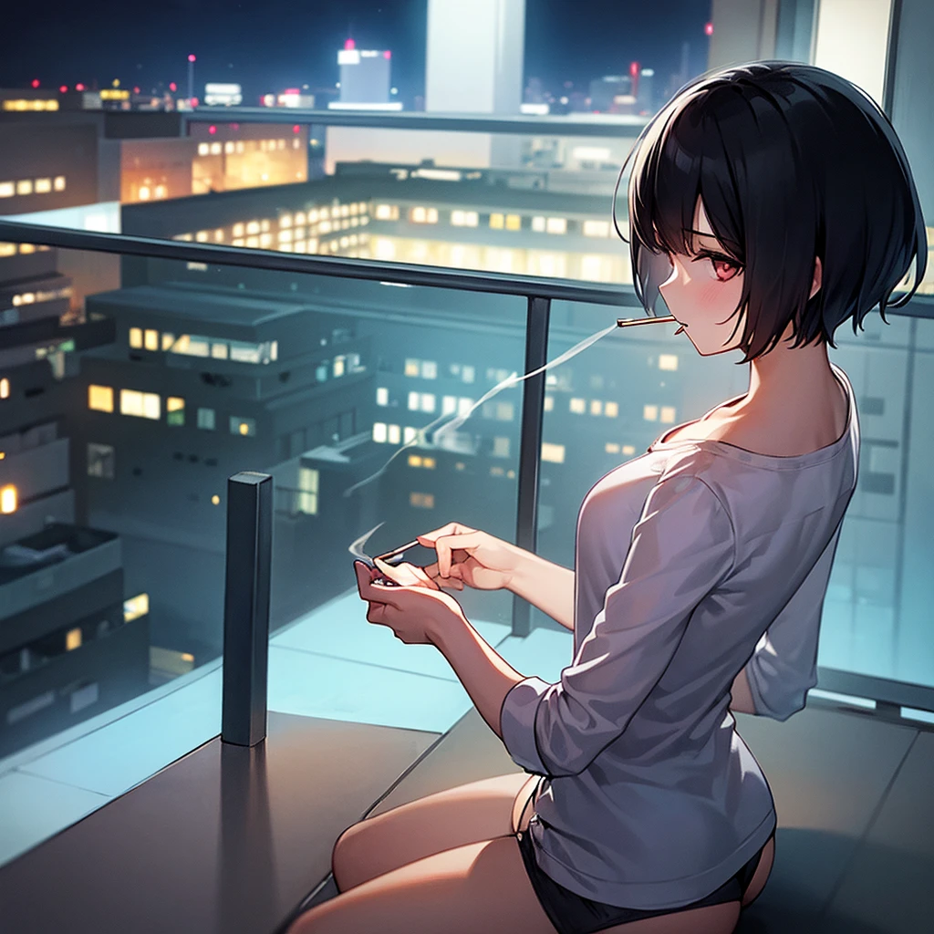 Girl with medium short black hair. At night on a balcony while smoking