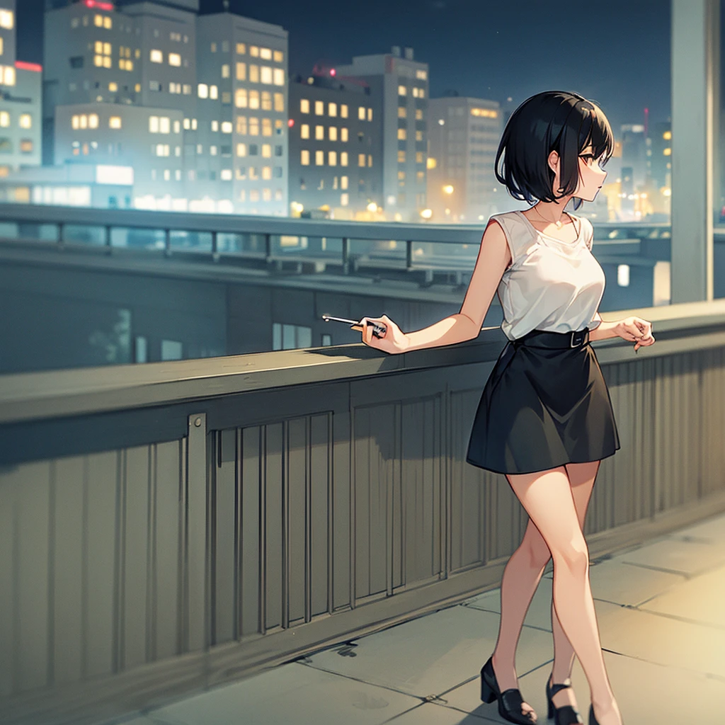 Girl with medium short black hair. At night on a balcony while smoking