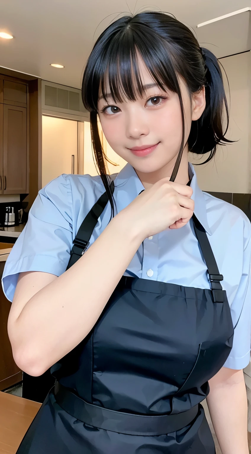 (Highest quality,masterpiece:1.3,Ultra-high resolution,),(Very detailed,Caustics),(Realistic:1.4,RAW shooting,)Ultra-Realistic Capture,Very detailed,High resolution 16k human skin closeup。 Natural skin texture、,pores、、、、It must be detailed enough to be easily identifiable。 Skin tone is even and healthy looking。 Use natural light and color,restaurant,Waitress Uniform,1 girl,Japanese,18-year-old,cute,Black-haired,ponytail,Big Breasts,smile,Turn your body forward,(Front view:1.1),Looking into the camera,Cowboy Shot,
