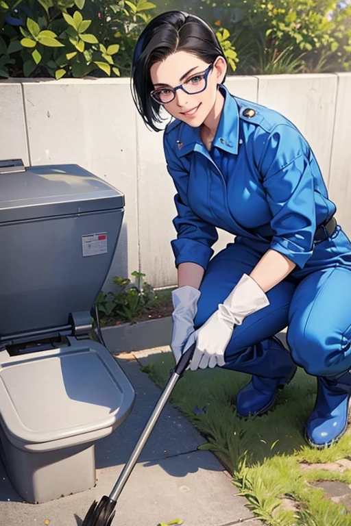 A mature woman with short black hair slicked back and wearing glasses and a blue long-sleeved jumpsuit is cleaning a dirty public toilet in a park while wearing large pink rubber gloves and white rubber boots and smiling gently.