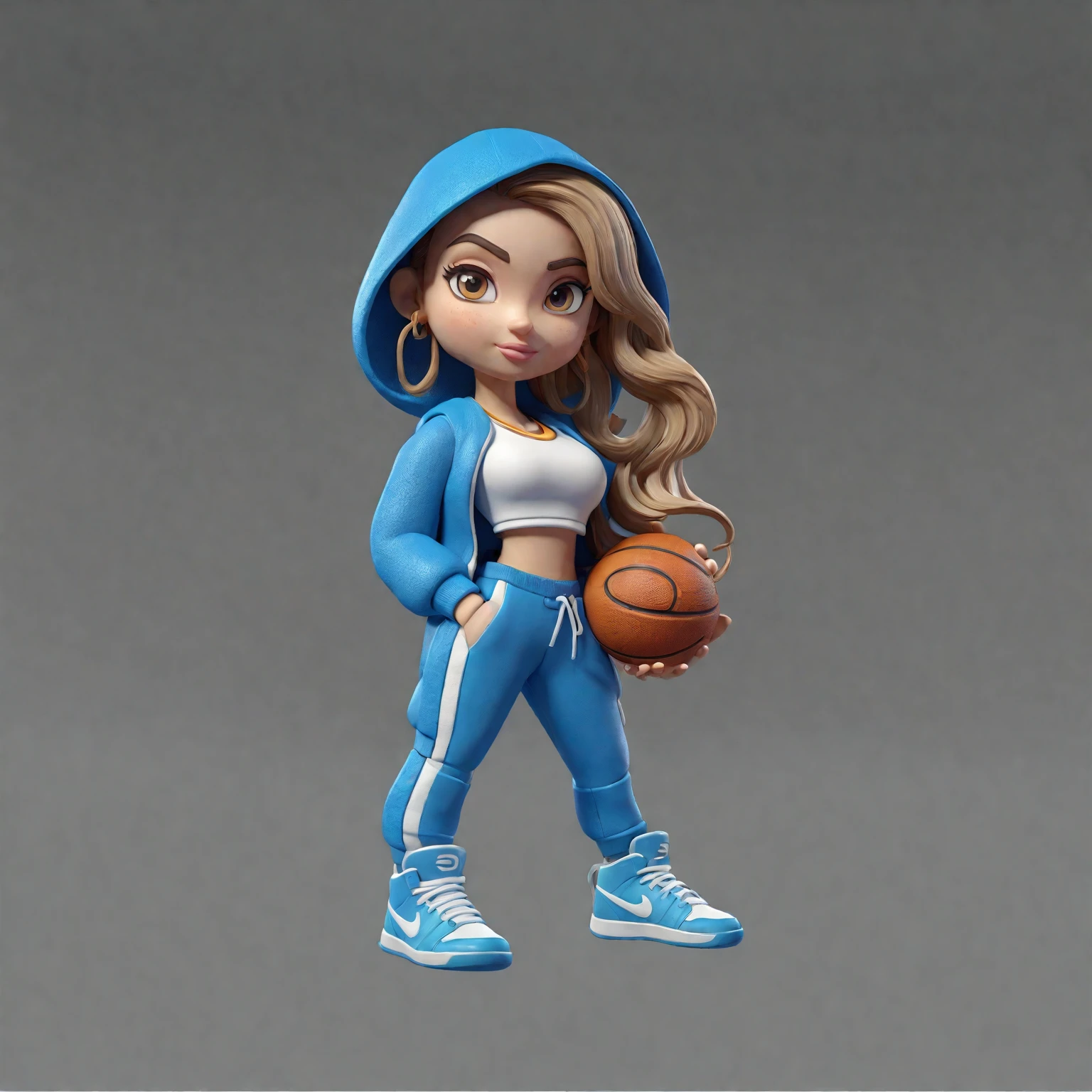 Close-up of a cartoon girl holding a basketball, 3D rendering style, 8k 3D rendering character art, very detailed character, stylized characters, game personage, 3d characters, 3d characters, 3d characters art, High detail iconic character, 3d characters render, stylized characters design, 3D icons for mobile games