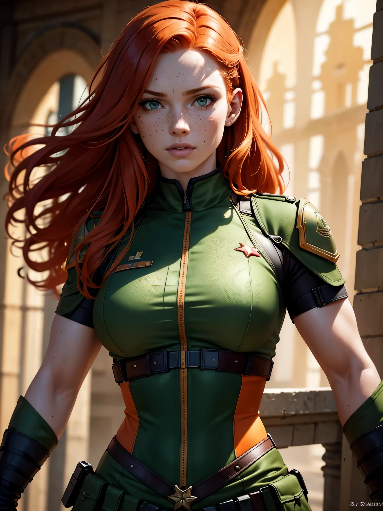 a red-haired girl with pale skin and freckles, long curly light orange hair, emerald green eyes with a sarcastic expression, muscular body wearing modern Brazilian military combat costumes, highly detailed and expressive face, (best quality,4k,8k,highres,masterpiece:1.2),ultra-detailed,(realistic,photorealistic,photo-realistic:1.37),portrait,concept art,dramatic lighting,vivid colors,intricate details