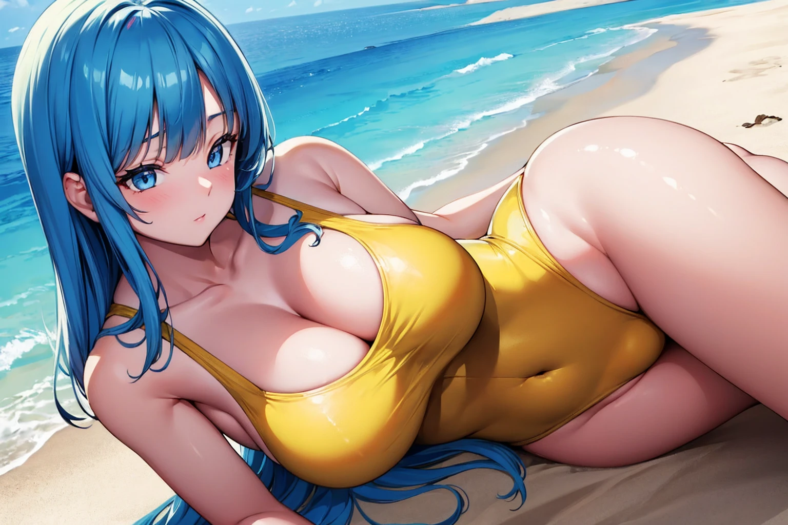 Masterpiece, stunning realistic, best quality, sharpness, 1 girl,Maron,blue hair,blue eyes,large breasts,in a beach,yellow swimmsuit,