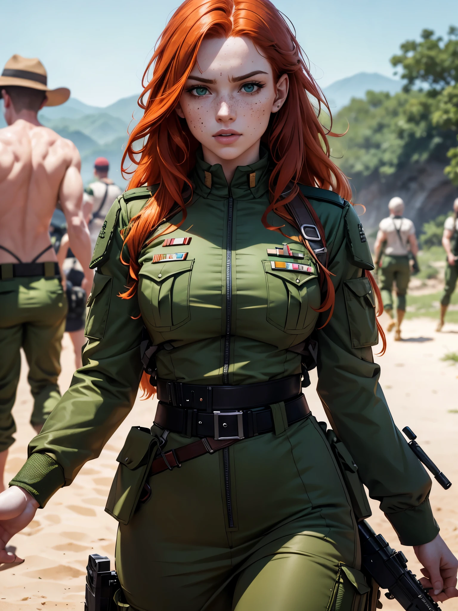 a red-haired girl with pale skin and freckles, long curly light orange hair, emerald green eyes with a sarcastic expression, muscular body wearing modern Brazilian military combat costumes, highly detailed and expressive face, (best quality,4k,8k,highres,masterpiece:1.2),ultra-detailed,(realistic,photorealistic,photo-realistic:1.37),portrait,concept art,dramatic lighting,vivid colors,intricate details