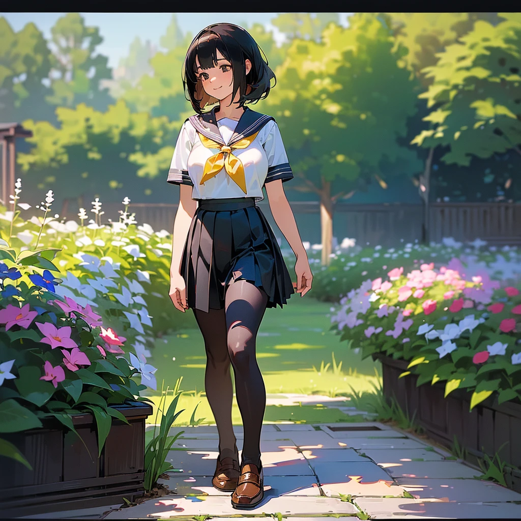 (Highest quality, High resolution, Super detailed, Realistic:1.37), Peaceful atmosphere, (Outdoor, garden), age girl standing alone,(my breasts are big.),Beautifully detailed features, Cute Smile, ((Black bob hair)),Short-sleeved sailor uniform, Pleated skirt,Black tights,Brown leather shoes.