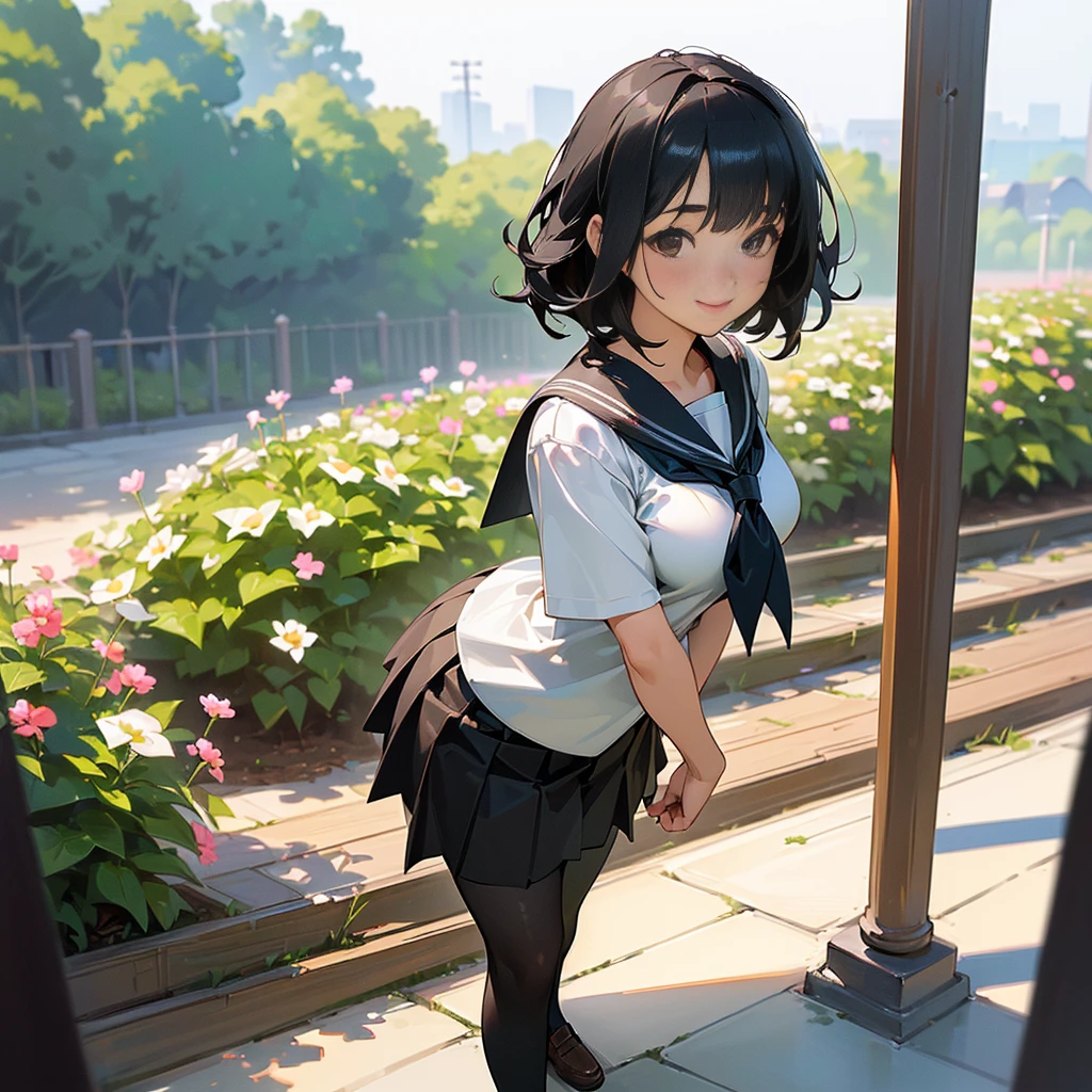 (Highest quality, High resolution, Super detailed, Realistic:1.37), Peaceful atmosphere, (Outdoor, garden),  girl standing alone,(my breasts are big.),Beautifully detailed features, Cute Smile, ((Black bob hair)),Short-sleeved sailor uniform, Pleated skirt,Black tights,Brown leather shoes.