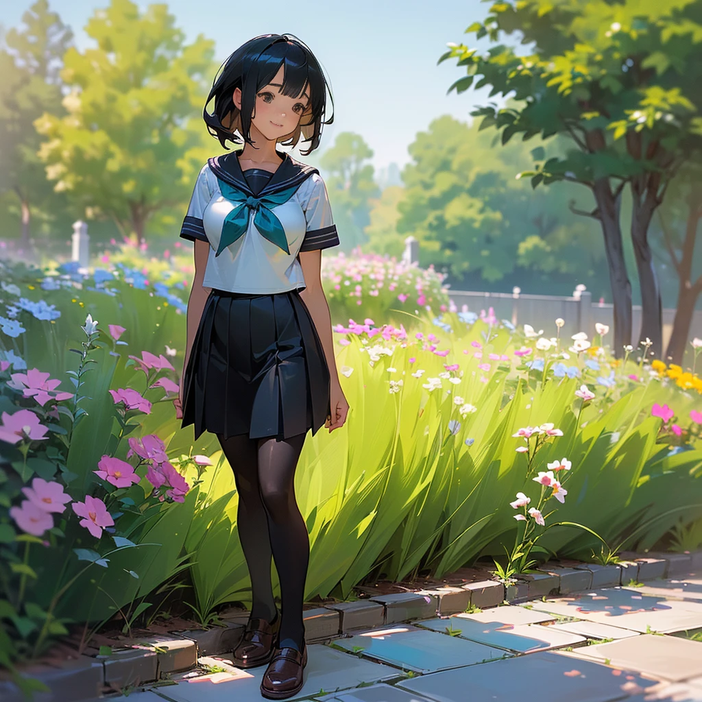 (Highest quality, High resolution, Super detailed, Realistic:1.37), Peaceful atmosphere, (Outdoor, garden), age girl standing alone,(my breasts are big.),Beautifully detailed features, Cute Smile, ((Black bob hair)),Short-sleeved sailor uniform, Pleated skirt,Black tights,Brown leather shoes.