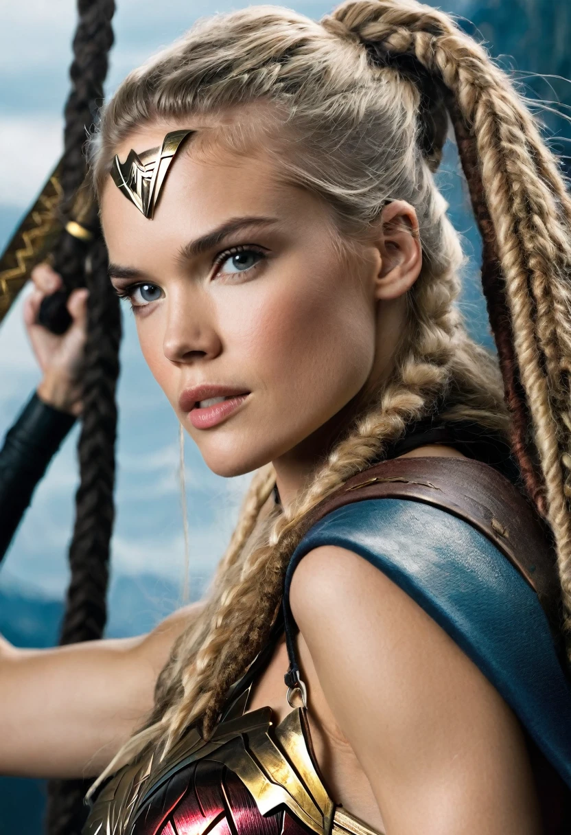 In extreme close-up of a beautiful woman Gabriella Wilde under the mantle of the Amazon warrior, Wonder woman,(((black hair))),(((dreadlocks))),(((Hair collected in a ponytail))),(((Diaema Wonder woman)))portrait of Wonder Woman, fair collectibles, hybrid by Gabriella Wilde, Gabriella Wilde as hell lord, portrait of Gabriella Wilde, Gabriella Wilde as Wonder Woman, Cinematic bust shot, SideShow Images, portrait of Gabriella Wilde, face like Gabriella Wilde, powerful pose,(((dreadlocks))),(((black hair))),(((Diaema Wonder woman)))
