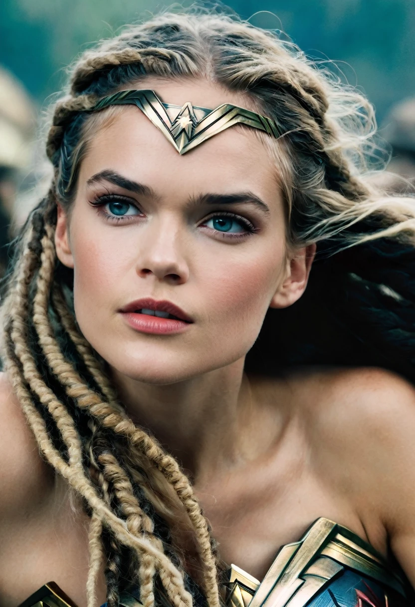 In extreme close-up of a beautiful woman Gabriella Wilde under the mantle of the Amazon warrior, Wonder woman,(((black hair))),(((dreadlocks))),(((Hair collected in a ponytail))),(((Diaema Wonder woman)))portrait of Wonder Woman, fair collectibles, hybrid by Gabriella Wilde, Gabriella Wilde as hell lord, portrait of Gabriella Wilde, Gabriella Wilde as Wonder Woman, Cinematic bust shot, SideShow Images, portrait of Gabriella Wilde, face like Gabriella Wilde, powerful pose,(((dreadlocks))),(((black hair))),(((Diaema Wonder woman)))