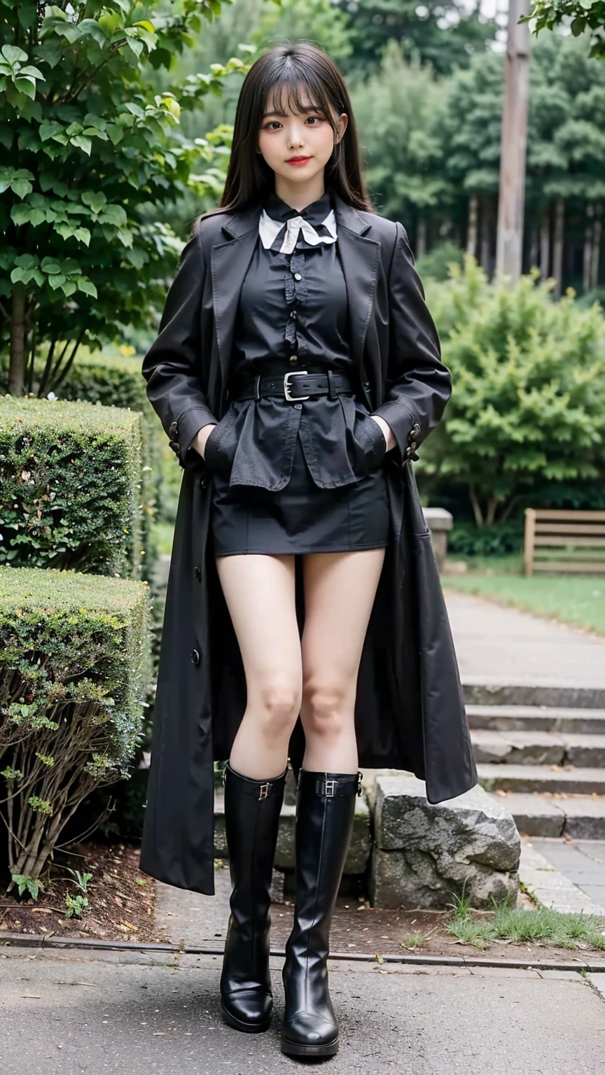 (8K、RAW Photos、Highest quality、masterpiece:1.2)、(Realistic、Realistic)、1 Girl、((Check mini skirt、Long coat、Medium Hair、black、Thin legs、whole body、boots、one piece、tights、garden、View from the front、smile、Looking into the camera、belt、Stand with hands on hips))、cute