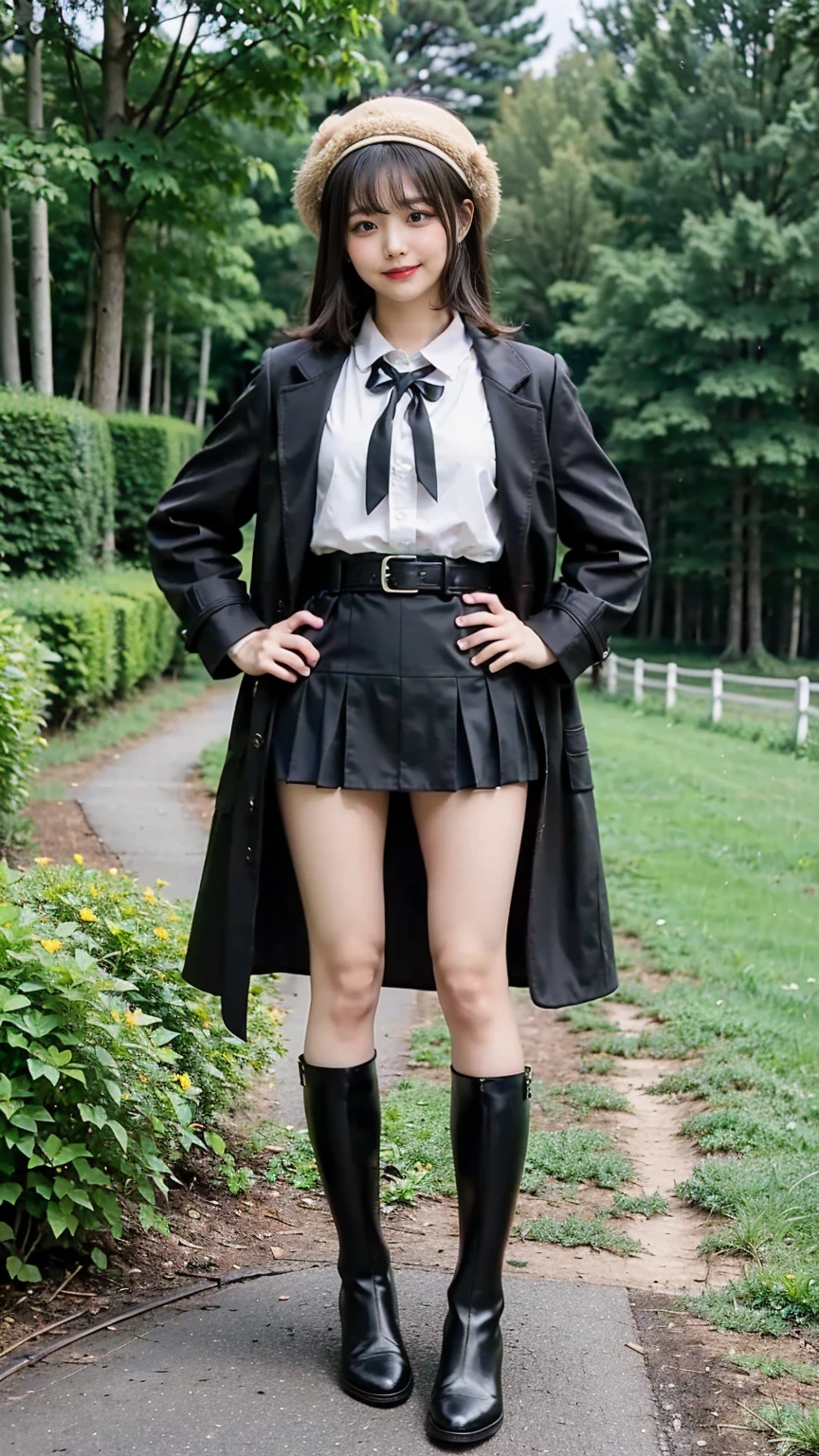(8K、RAW Photos、Highest quality、masterpiece:1.2)、(Realistic、Realistic)、1 Girl、((Check mini skirt、Long coat、Medium Hair、black、Thin legs、whole body、boots、one piece、tights、garden、View from the front、smile、Looking into the camera、belt、Stand with hands on hips))、cute