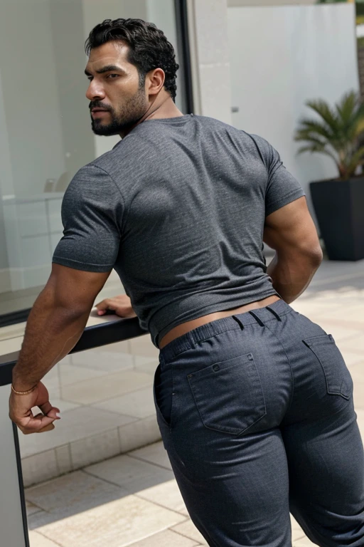 A Hispanic black man with a face that looks like Henry Cavill. black man, His body is muscular and he has a toothed beard..  Big Booty, in a moment of reflection. full body. Fajada shirt, semi formal clothing, grey pants, backside. 