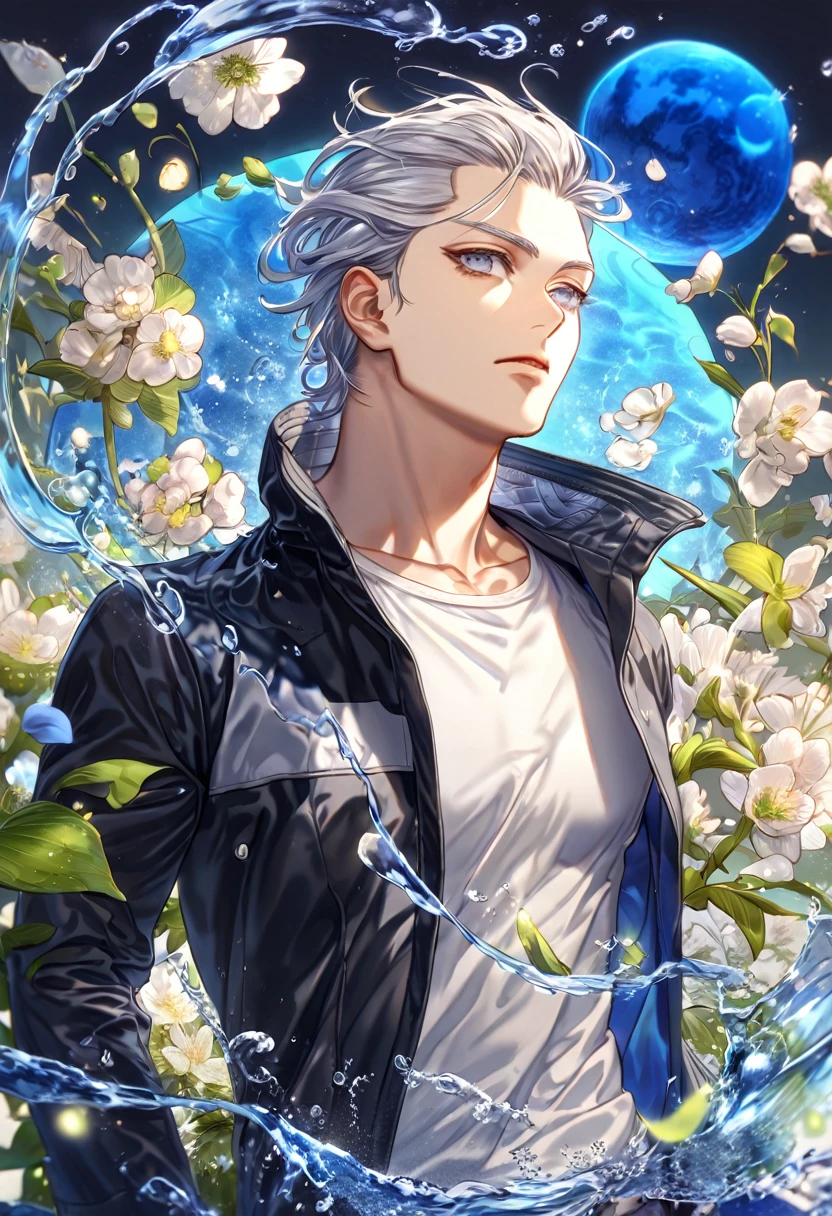 absurdres, highres, ultra detailed, HDR, master piece, Umemiya Hajime, white hair, slicked back hair, expressive grey eyes, white t-shirt, black long coat, Wind Breaker, sexy man, handsome, best quality, blue moon, flowers, fantasy, magical, solo, water, blue shining fireflies, blue petals,