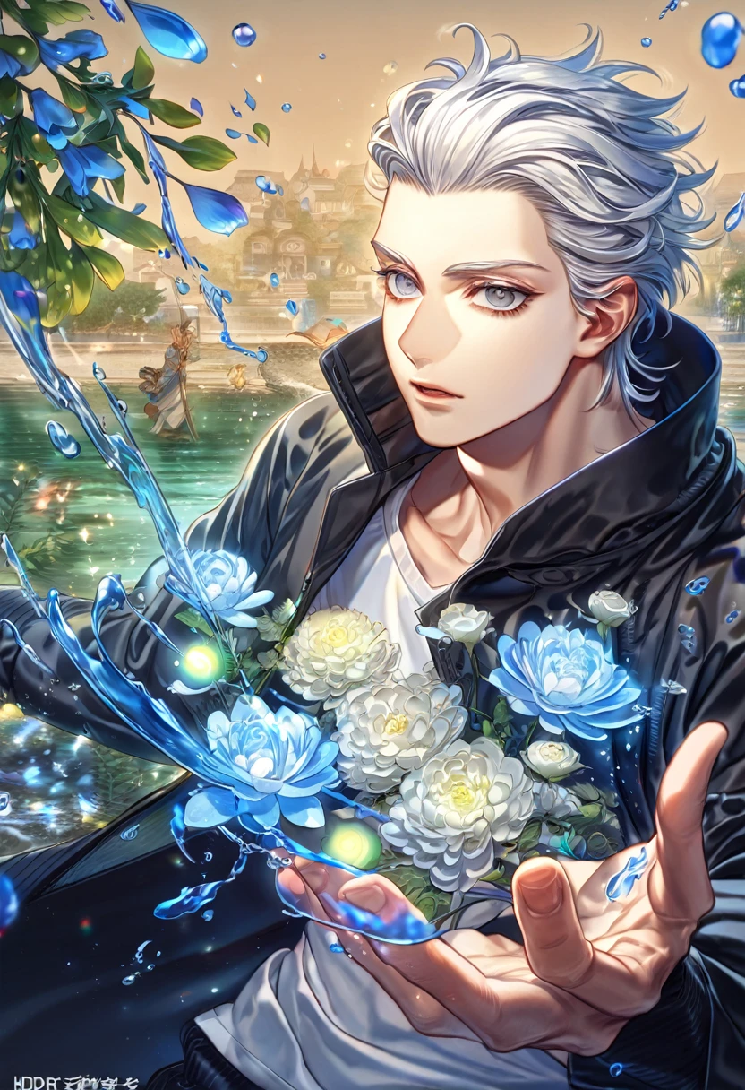 absurdres, highres, ultra detailed, HDR, master piece, Umemiya Hajime, white hair, slicked back hair, expressive grey eyes, white t-shirt, black long coat, Wind Breaker, sexy man, handsome, best quality, blue moon, flowers, fantasy, magical, solo, water, blue shining fireflies, blue petals,