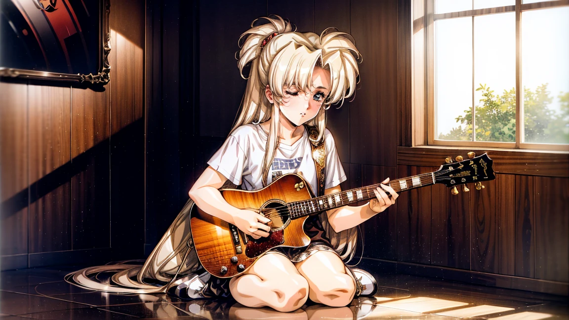 A young girl playing a guitar. She has long hair and is wearing a casual outfit. The scene is set in a cozy room with warm lighting, a few musical posters on the walls, and a comfortable chair. The girl is focused and immersed in her music, sitting on a small stool with the guitar in her hands. The atmosphere is peaceful and inviting.
