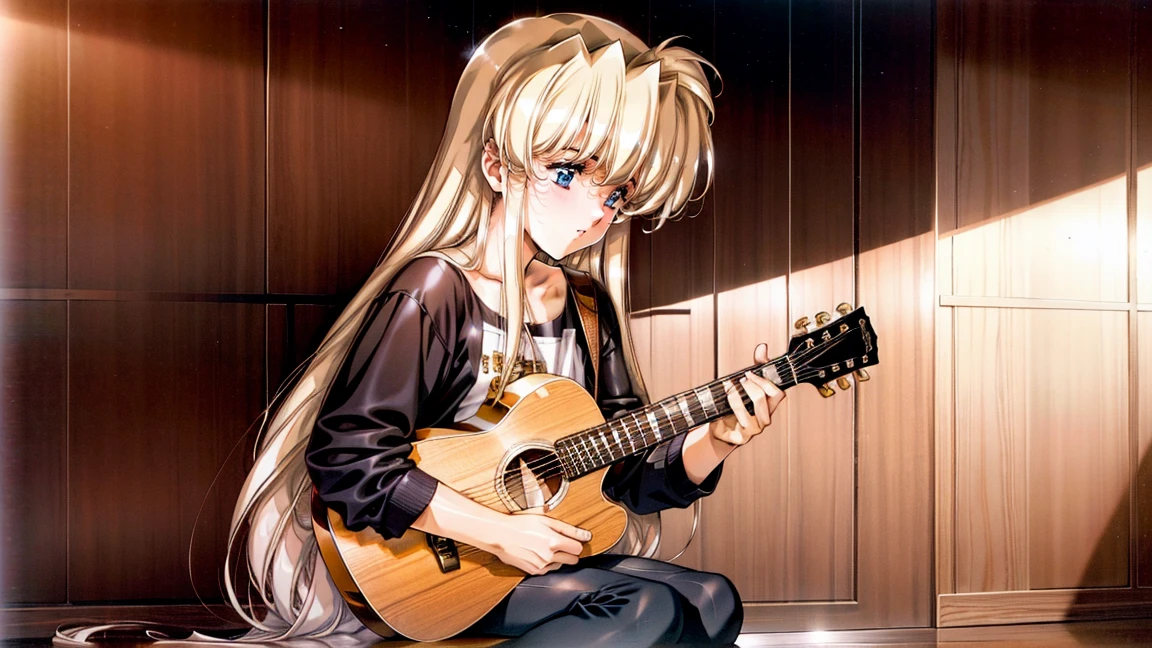 A young girl playing a guitar. She has long hair and is wearing a casual outfit. The scene is set in a cozy room with warm lighting, a few musical posters on the walls, and a comfortable chair. The girl is focused and immersed in her music, sitting on a small stool with the guitar in her hands. The atmosphere is peaceful and inviting.