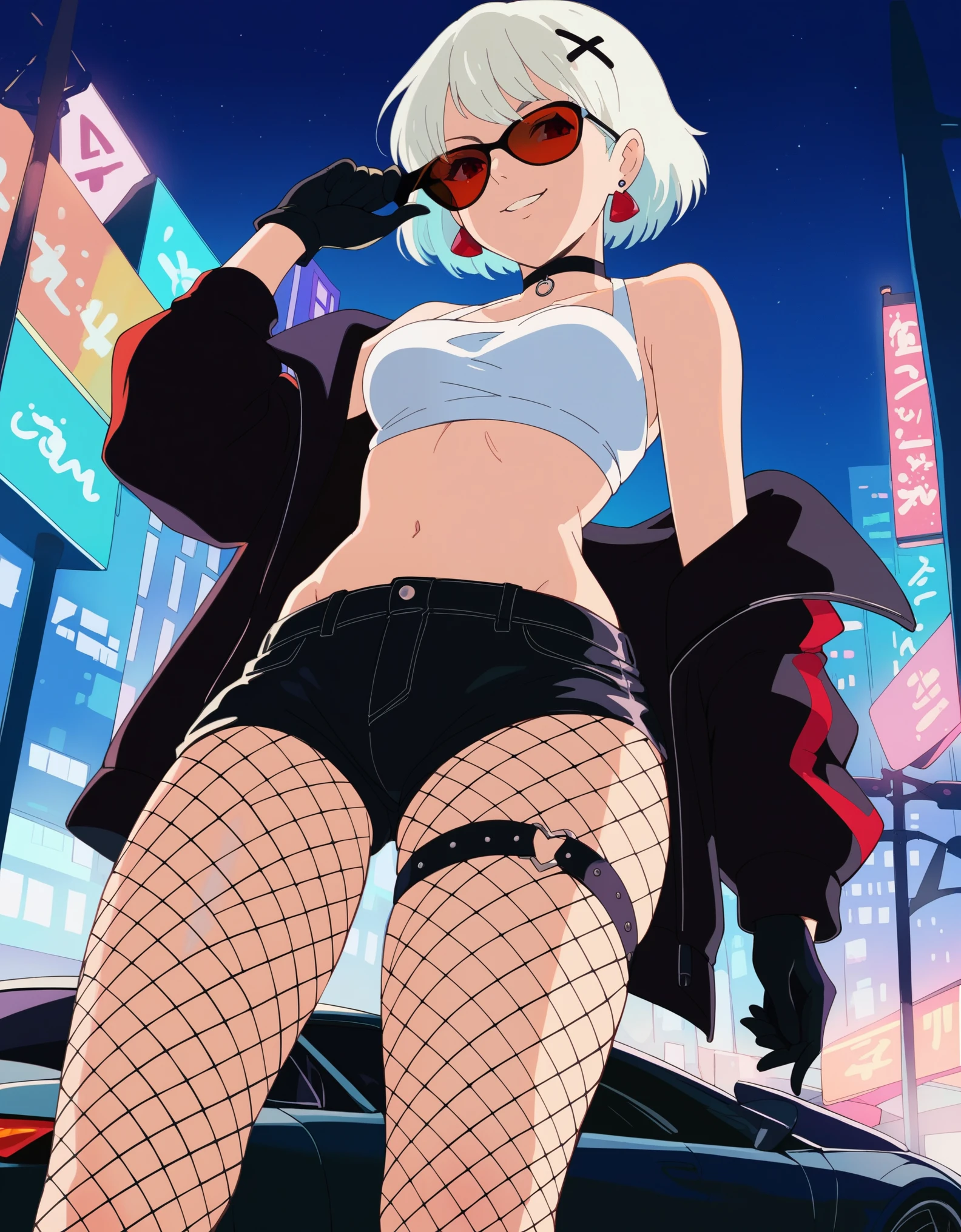 StudioGhibli, score_9, score_8_up, score_7_up, score_6_up, 1girl, short hair, white hair, red eyes, earrings, x hair ornament, sunglasses, tinted eyewear, looking over eyewear, black jacket, off shoulder, choker, crop top, midriff, navel, black shorts, fishnet pantyhose, black gloves, thigh strap, wide hips, from below, smirk, lamborghini, car, night, dark, darkness, night sky