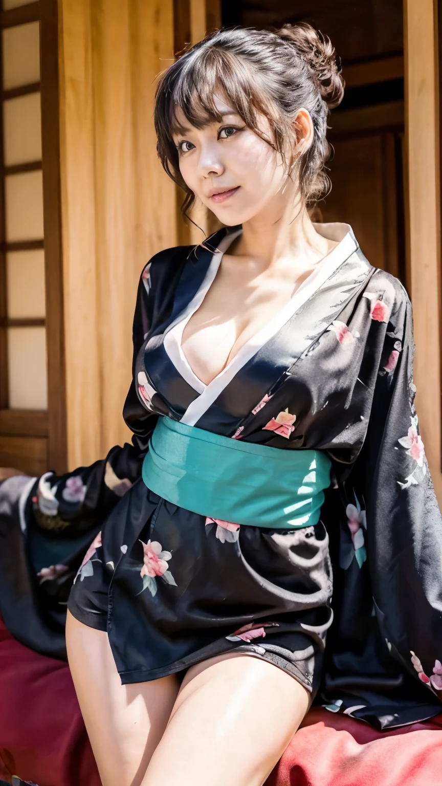 (With background:1.5、Japanese-style house:1.4)、(Realistic、Like a photograph、Live Action、8K, Photorealistic, RAW Photos, Best image quality: 1.4), Single-lens reflex camera、RAW Photos, Highest quality, Realistic, 非常に詳細な CG Unity 8K 壁紙, Written boundary depth, Cinematic Light, Lens flare, Ray Tracing, Realistic background、(yukata:1.4、kimono、ミニスカkimono、Cleavage、Big Breasts、Thighs、Detailed pink panties are visible)、Medium Hair、Tie your hair up、Yukata dating:1.4、Cosplay、((Ultra-dense skin))、 1 female,Cute Japanese Woman、Accentuate your breasts、((whole body:1.5),Looking at the audience:1.1、Business Smile、I like that style、Pay attention to the details、The perfect outfit、Earrings、(White skin)、An accurate portrait、Accurate Arm、Accurate feet、Anatomically correct body、Two arms、Two legs、Super detailed face