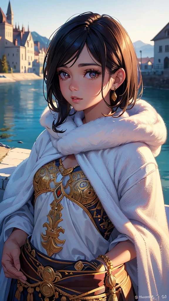 1 character, Woman, tanned skin, brown eyes, short messy hair, black and brown hair, small, a little fat, winter creature, winter, cold (best quality, 4k, 8k, high resolution, masterpiece: 1.2), ultra detailed, (realistic, photo-realistic, photo-realistic: 1.37), highly detailed portrait, beautiful detailed eyes, beautiful detailed lips, extremely detailed eyes and face, long eyelashes, intricate details, fantasy, realism magical, vibrant colors, bright lights, adorable, cute, tender