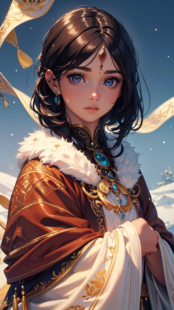 1 character, Woman, tanned skin, brown eyes, short messy hair, black and brown hair, small, a little fat, winter creature, winter, cold (best quality, 4k, 8k, high resolution, masterpiece: 1.2), ultra detailed, (realistic, photo-realistic, photo-realistic: 1.37), highly detailed portrait, beautiful detailed eyes, beautiful detailed lips, extremely detailed eyes and face, long eyelashes, intricate details, fantasy, realism magical, vibrant colors, bright lights, adorable, cute, tender