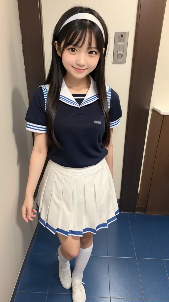 Japanese, high school girl, pure, brown eyes, smiling face, young face, long black hair, long straight black hair, white hairband, light blue and white short-sleeved sailor uniform, blue pleated skirt, black socks, blue shoes, school, hallway, standing in front of the toilet