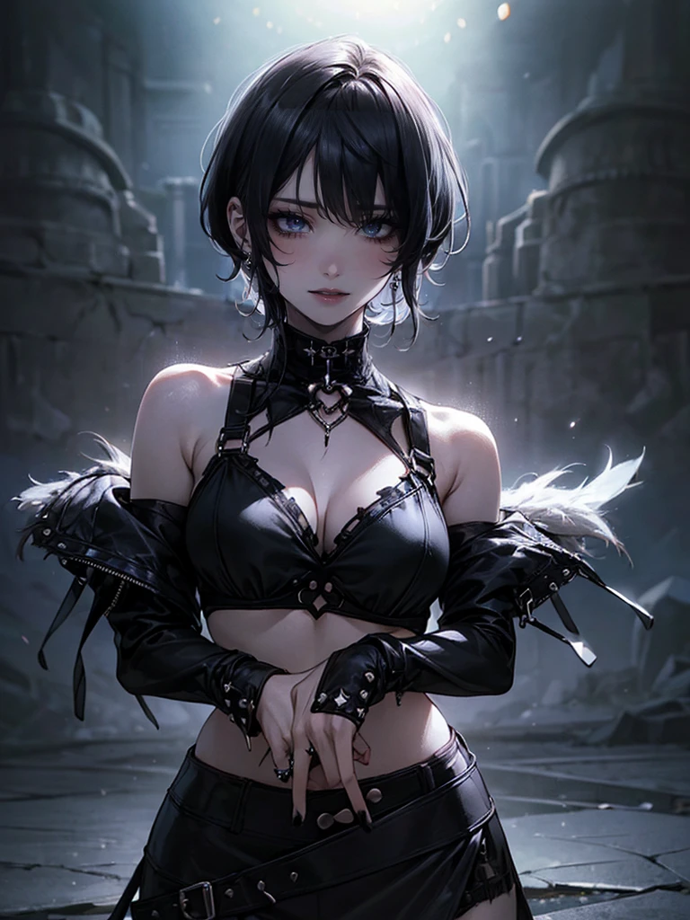 (masterpiece:1.2, highest quality), (realistic, photorealistic:1.4), beautiful illustrations, (natural side lighting, movie lighting), 
looking at the viewer, Upper body, (Front view), 1 girl, perfect face, Cute symmetrical face, shiny skin, baby face, long eyelash, (large breasts), (wide hips:1.5),short cut hair,
beautiful hair, beautiful face, detailed and beautiful eyes, beautiful body, beautiful breasts, beautiful thighs, beautiful feet, beautiful fingers,
(beautiful scenery),(cute smile:1.3, upper eye), 18yo,pale skin,a woman in black corset and goth hair, with piercings, 1girl, solo, black hair, short hair, ring,(pierce:1.5),(punk style:1.5),(gothic dress),(black lips:1.7),side layered skirt,black bra,(gulp down blood from one's mouth:1.2)