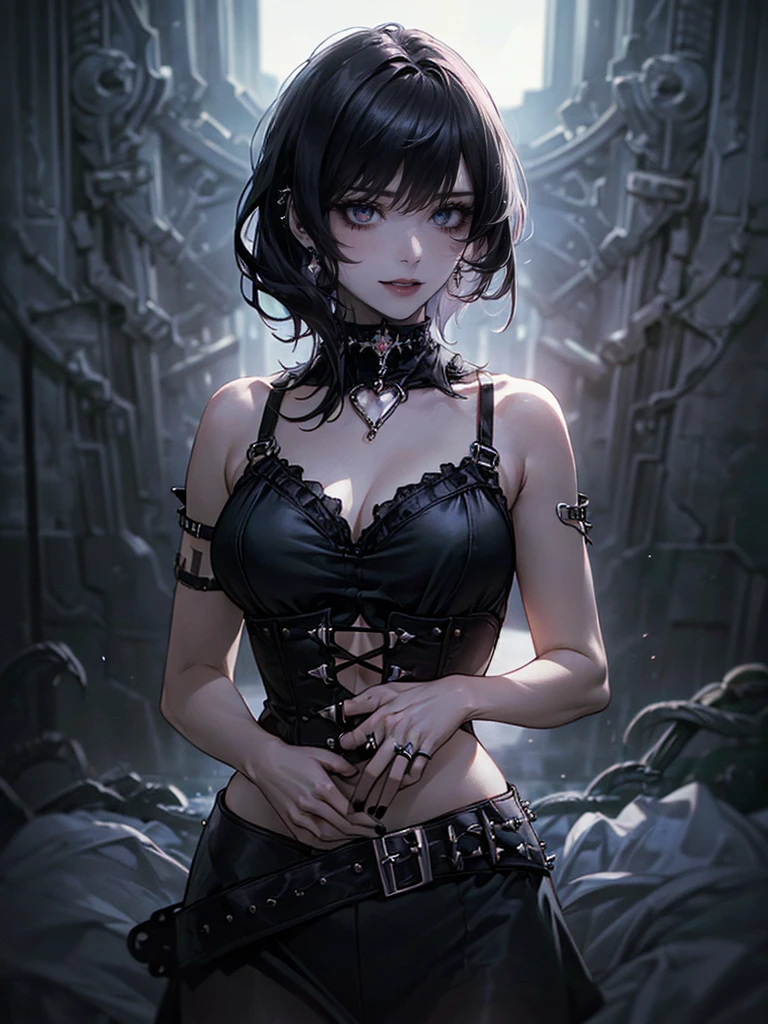 (masterpiece:1.2, highest quality), (realistic, photorealistic:1.4), beautiful illustrations, (natural side lighting, movie lighting), 
looking at the viewer, Upper body, (Front view), 1 girl, perfect face, Cute symmetrical face, shiny skin, baby face, long eyelash, (large breasts), (wide hips:1.5),short cut hair,
beautiful hair, beautiful face, detailed and beautiful eyes, beautiful body, beautiful breasts, beautiful thighs, beautiful feet, beautiful fingers,
(beautiful scenery),(cute smile:1.3, upper eye), 18yo,pale skin,a woman in black corset and goth hair, with piercings, 1girl, solo, black hair, short hair, ring,(pierce:1.5),(punk style:1.5),(gothic dress),(black lips:1.7),side layered skirt,black bra,(gulp down blood from one's mouth:1.2)