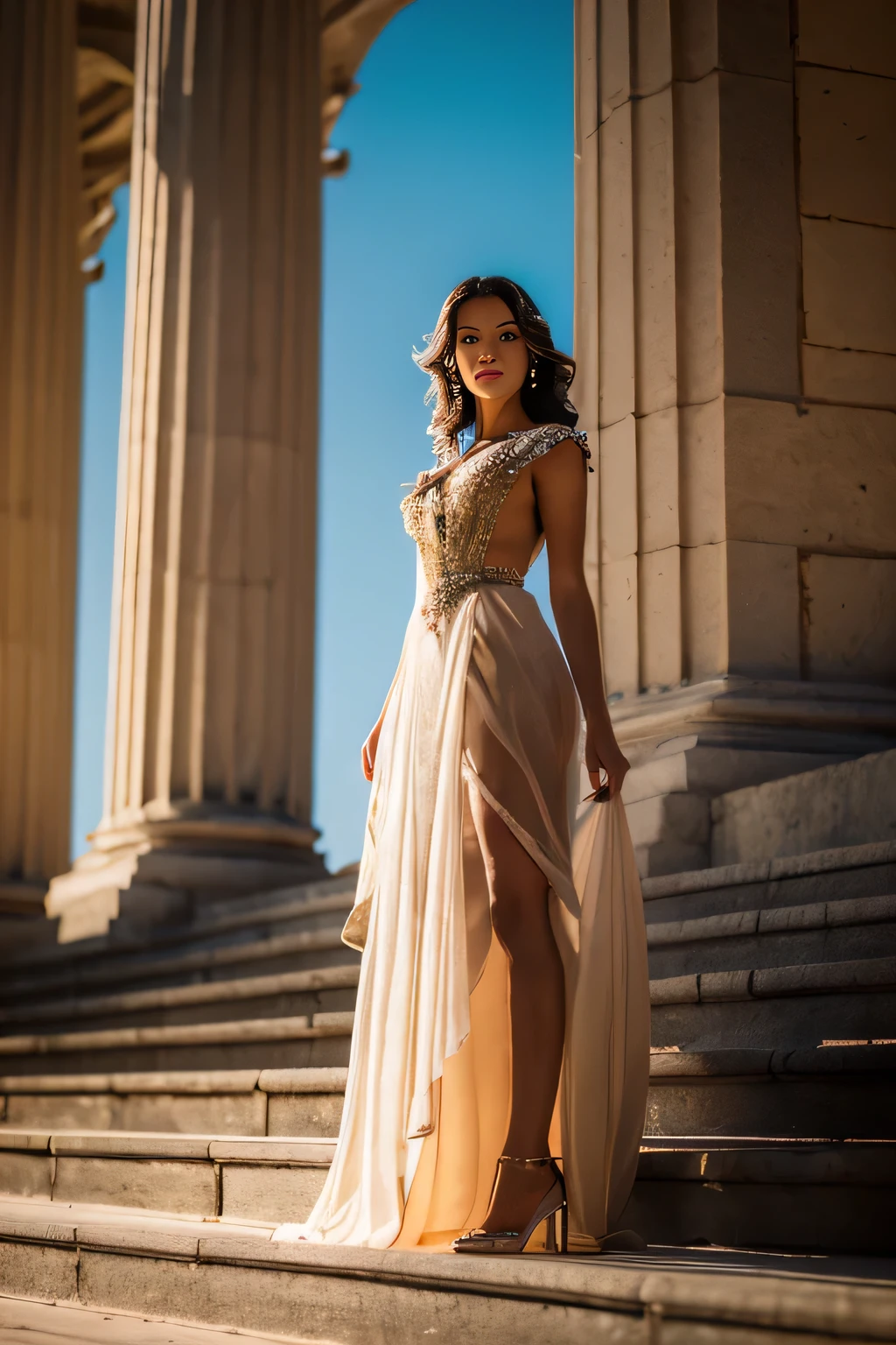((Top quality)),((Masterpiece)),((Very beautiful)), Outstanding light and shadow in front of the steps of the palace, a woman in light clothing standing in a feminine pose